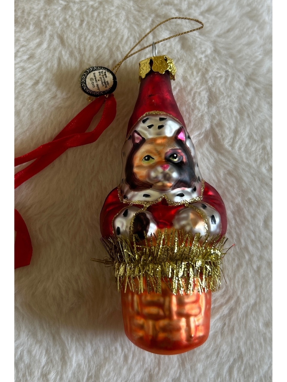 Old World Christmas Glass Cat in Basket Christmas Ornament
